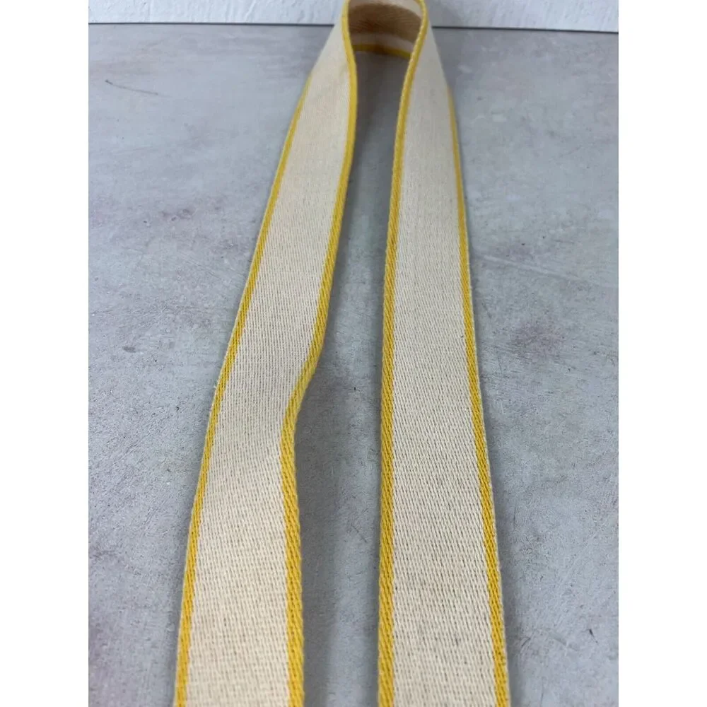 Vintage‎ Beige & Yellow Canvas Belt With Brass D-Ring Buckle
